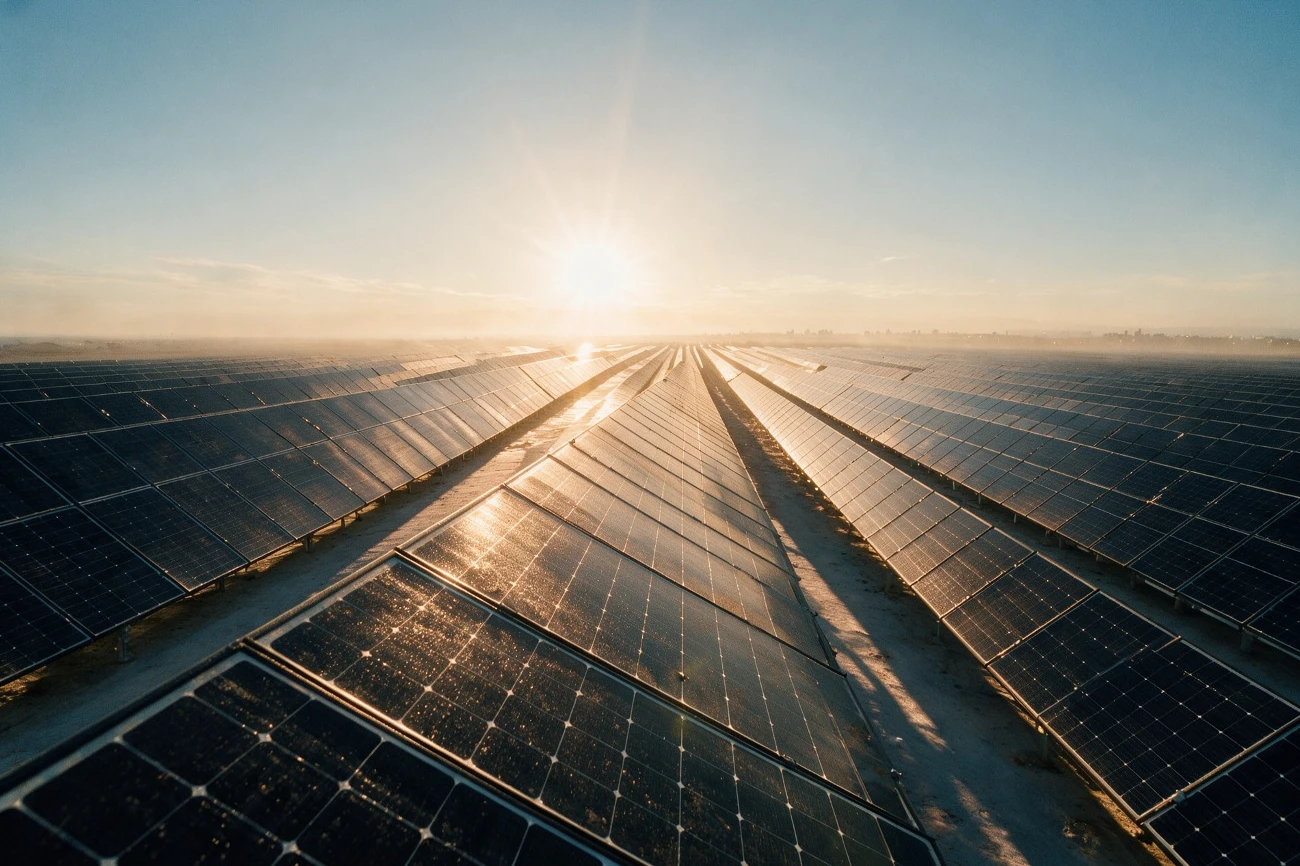 Solar panel field at sunset